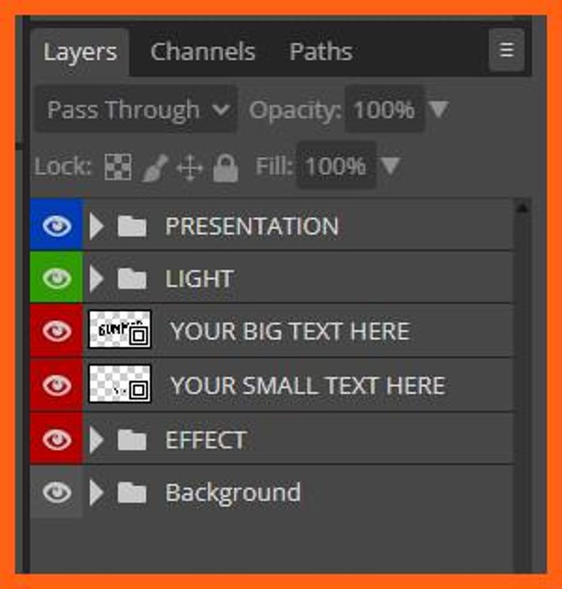 May include: Screenshot of a digital design interface with layers, channels, and paths. The interface displays text that reads "YOUR BIG TEXT HERE" and "YOUR SMALL TEXT HERE". The interface also shows the text "SUNY". The background is a dark gray.