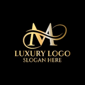 Logotipo pré-fabricado com gradiente dourado de letra M dividida com nome comercial e slogan EPS para download instantâneo