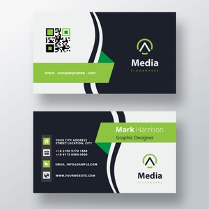 Sjabloon visitekaartjes golven ontwerp voorkant achterkant logo QR-code Photoshop PSD blauw groen wit