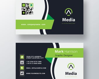 Business card template waves design front back logo QR code Photoshop PSD blue green white