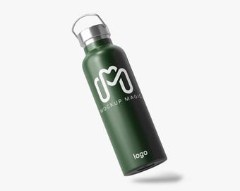 ステンレススチール製のウォーターボトルのデザインモックアップPSD、即時ダウンロード可能なスマートオブジェクト