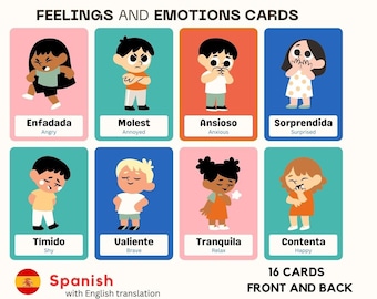 Spanish Emotion and feelings Flashcards for Kids and toddlers, learn Spanish with english translation. Tarjetas de Emociones para Niños