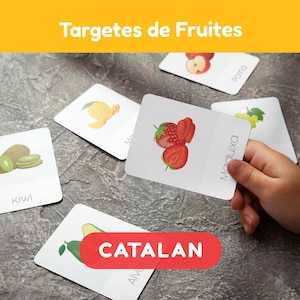 20 tarjetas didácticas con nombres de frutas, tarjetas Montessori y educativas para niños y bebés en catalán con descarga instantánea.
