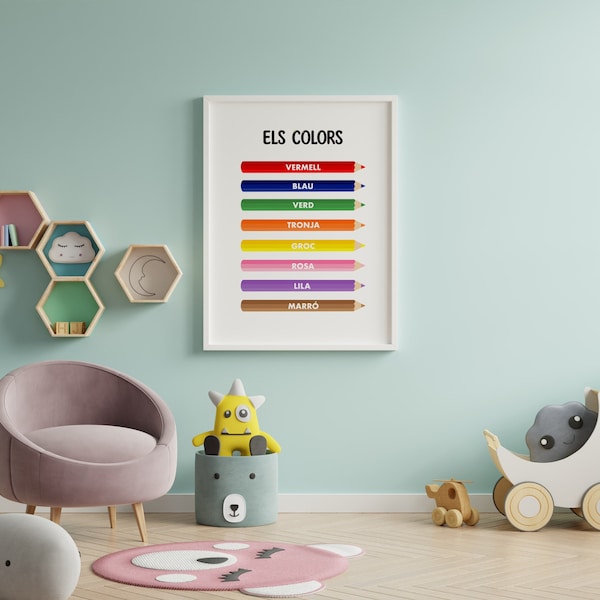 3 affiches de noms de couleur en anglais, espagnol et catalan pour les enfants, impressions éducatives, affiches pour chambre d'enfant et salle de classe.