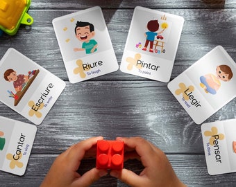 32 Tarjetas flash de verbos catalanes con traducción al inglés, para el aprendizaje de idiomas, educación en el hogar, educación Montessori para niños. Descarga instantánea