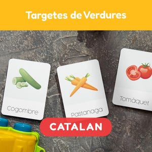 Flashcards met groentenamen, 24 afdrukbare montessorikaarten en educatieve kaarten voor kinderen en peuters in het Catalaans met directe download.