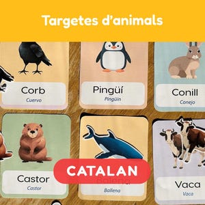 50 Animal names Flash Cards with Spanish translation and Stickers to match" . For homeschool and Montessori education, Els animals