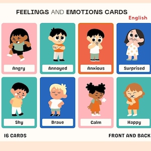 Peut inclure: Un jeu de 16 cartes illustrées représentant différentes émotions, telles que la colère, l'agacement, l'anxiété, la surprise, la timidité, le courage, le calme et le bonheur. Chaque carte montre un personnage de dessin animé exprimant une émotion spécifique. Les cartes sont étiquetées avec l'émotion correspondante en anglais.