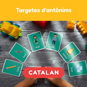 May include: A set of colorful flashcards with images and words in Catalan. The cards feature a pencil, a fire, a person, and other images. The cards are on a wooden surface with toy blocks and a toy car.