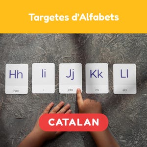 Tarjetas didácticas del alfabeto con pronunciación en catalán, tarjetas educativas Montessori imprimibles para niños, letras mayúsculas y minúsculas.