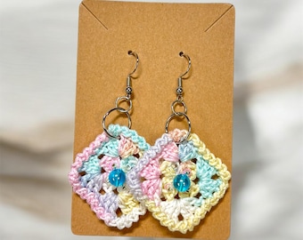 Crochet Granny Square Earrings, Glass Beads, Handmade Cotton