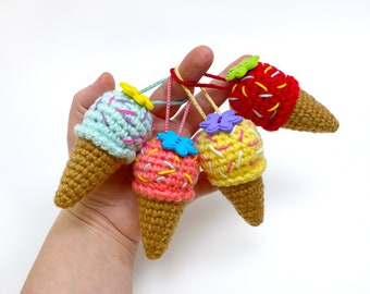 Crocheted Ice Cream Keychain, Amigurumi Kawaii Food