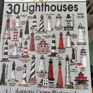 May include: A needlepoint pattern with 30 lighthouse designs. The title "30 Lighthouses" is displayed above the illustrations, with the text "One Nighters" at the top. The pattern includes various lighthouse styles and colours.