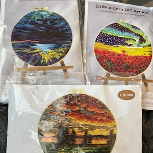 May include: Three Embroidery DIY Art Kits in clear plastic packaging. Each kit features a circular embroidery hoop design: one with a dark landscape, one with a night sky over red flowers, and one with a sunset over trees. Text reads Embroidery DIY Art Kit.