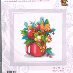 May include: Cross-stitch pattern for a New Year's Aroma design featuring a red mug filled with a festive arrangement of oranges, apples, cinnamon sticks, berries, and a rooster. The pattern is 9 3/4 inches by 9 3/4 inches.