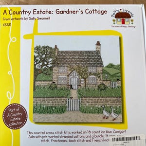 May include: A cross-stitch kit titled "A Country Estate: Gardner's Cottage" by Sally Swannell. The kit features a detailed image of a cottage with a garden, measuring 9.8 inches by 9.8 inches when finished. The kit includes pre-sorted cottons.