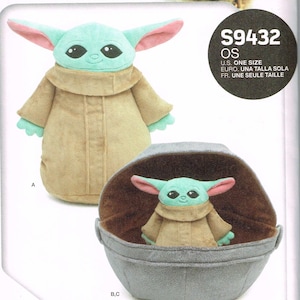 May include: A Simplicity sewing pattern for a plush Grogu doll and a soft space pram. The pattern is for one size and includes instructions for making both the doll and the pram. The pattern is from the Star Wars: The Mandalorian series.