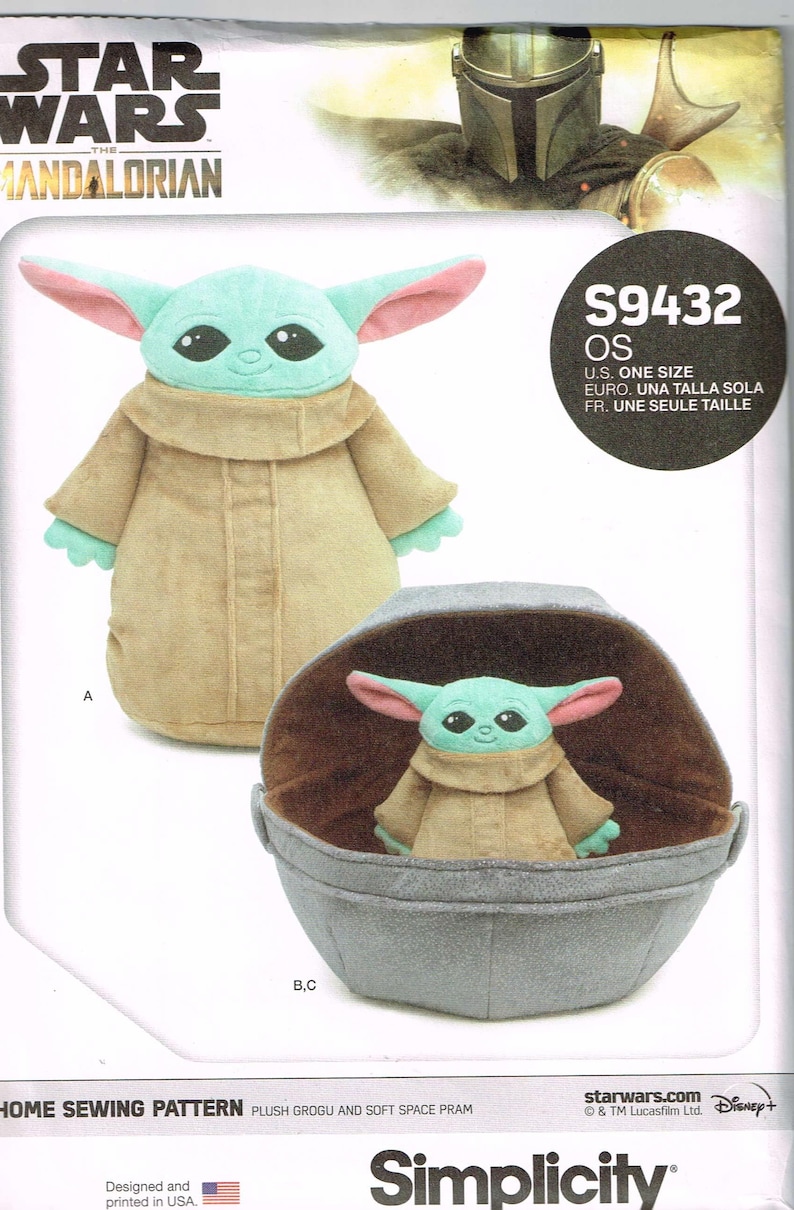 May include: A Simplicity sewing pattern for a plush Grogu doll and a soft space pram. The pattern is for one size and includes instructions for making both the doll and the pram. The pattern is from the Star Wars: The Mandalorian series.