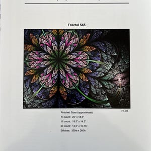 May include: A cross-stitch pattern titled "Fractal 545" featuring a colorful floral design. The pattern includes finished sizes for 14, 18, and 24 count, with dimensions ranging from 10.75" x 14.5" to 25" x 18.5". The pattern requires 350w x 260h stitches.