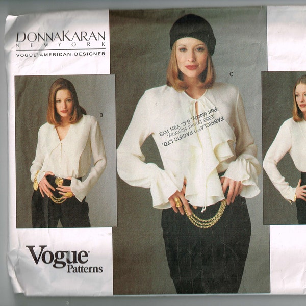 OOP (Uncut in original factory folds) Vogue pattern 1187 Donna Karan Misses  Body Suit Blouses in 3 variations for sizes 8-12.