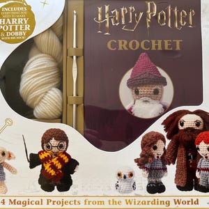 May include: A Harry Potter crochet kit box containing a crochet hook, white yarn, and a book. The packaging displays images of 14 crocheted characters including Dobby, Harry Potter, an owl, and Hagrid. The text reads Harry Potter Crochet.