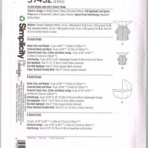 May include: Sewing pattern for a plush Grogu and a space pram. The pattern includes instructions for making a large Grogu, a small Grogu, and a space pram. The pattern is for sizes A, B, and C. The pattern is from Simplicity and is number 9432.