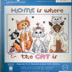 May include: Cross stitch pattern featuring a group of five cats with the text "Home is where the cat is". The pattern is on a white background with a blue border. The pattern is 10 inches by 8 inches and the design size is 25.40 cm by 20.32 cm.