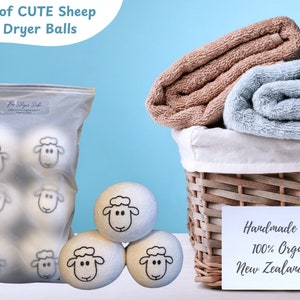 6-Pack Large Natural Wool Dryer Balls with Cute Sheep Design - Reusable Premium Natural Fabric Softener (7cm diameter) FREE Shipping!