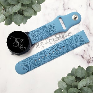Henna Flower Engraved Watch Band in 20MM and 22MM compatible with Samsung and Garmin watch bands.