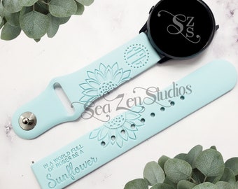Sunflower Flower Custom Monogram Watch Band in 20MM and 22MM compatible with Samsung and Garmin watch bands.