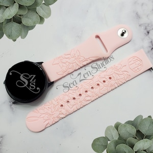 Lily Flower Custom Monogram Watch Band in 20MM and 22MM compatible with Samsung and Garmin watch bands.