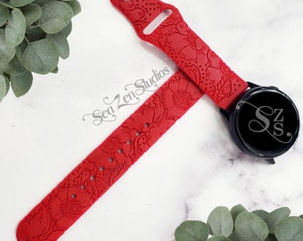 Poppy Flower Engraved Watch Band in 20MM and 22MM compatible with Samsung and Garmin watch bands.