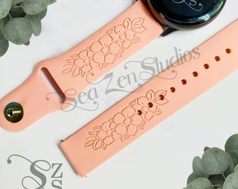Hibiscus Flower Engraved Watch Band in 20MM and 22MM compatible with Samsung and Garmin watch bands.