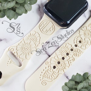 Floral Flowers Monogram Band Soft Silicone Replacement Watch Band Compatible with watch series 10/9/8/7/6/5/4/3/2/1. Choose from 35 Colors