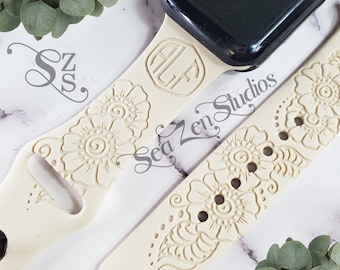 Floral Flowers Monogram Band Soft Silicone Replacement Watch Band Compatible with watch series 10/9/8/7/6/5/4/3/2/1. Choose from 35 Colors