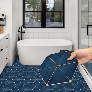 Floor Tile Sticker, Peel and Stick Hexagonal Flooring Decal, Gold Geometry Floor, Modern Bathroom Decoration, Waterproof, Removable