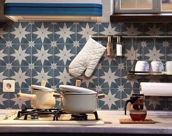 Cement Star Backsplash Tile Sticker, Altair Peel and Stick, Concrete Flooring Vinyl, Industrial Kitchen Reveal Idea