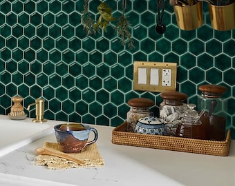 Peel & Stick Backsplash Tile Decals,  Emerald Hexagon Wall Tiles, Self-adhesive Bathroom Tile Sticker, Vintage Green and Waterproof