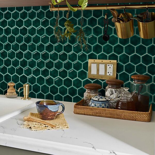 Peel & Stick Backsplash Tile Decals,  Emerald Hexagon Wall Tiles, Self-adhesive Bathroom Tile Sticker, Vintage Green and Waterproof