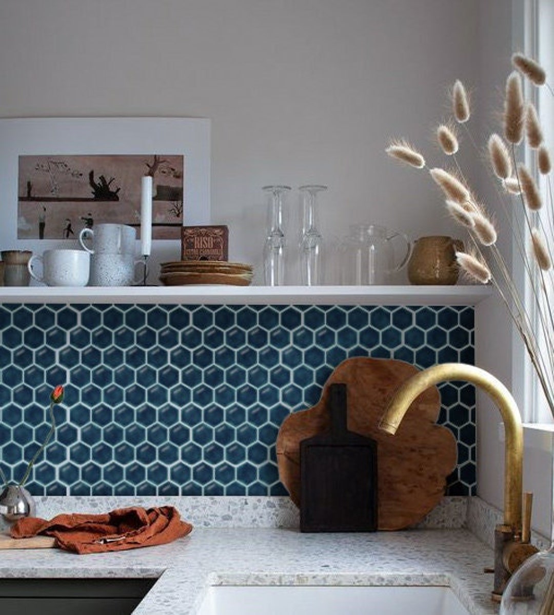 Peel & Stick Backsplash Tile Decals, Peacock Blue Hexagon Wall Tiles