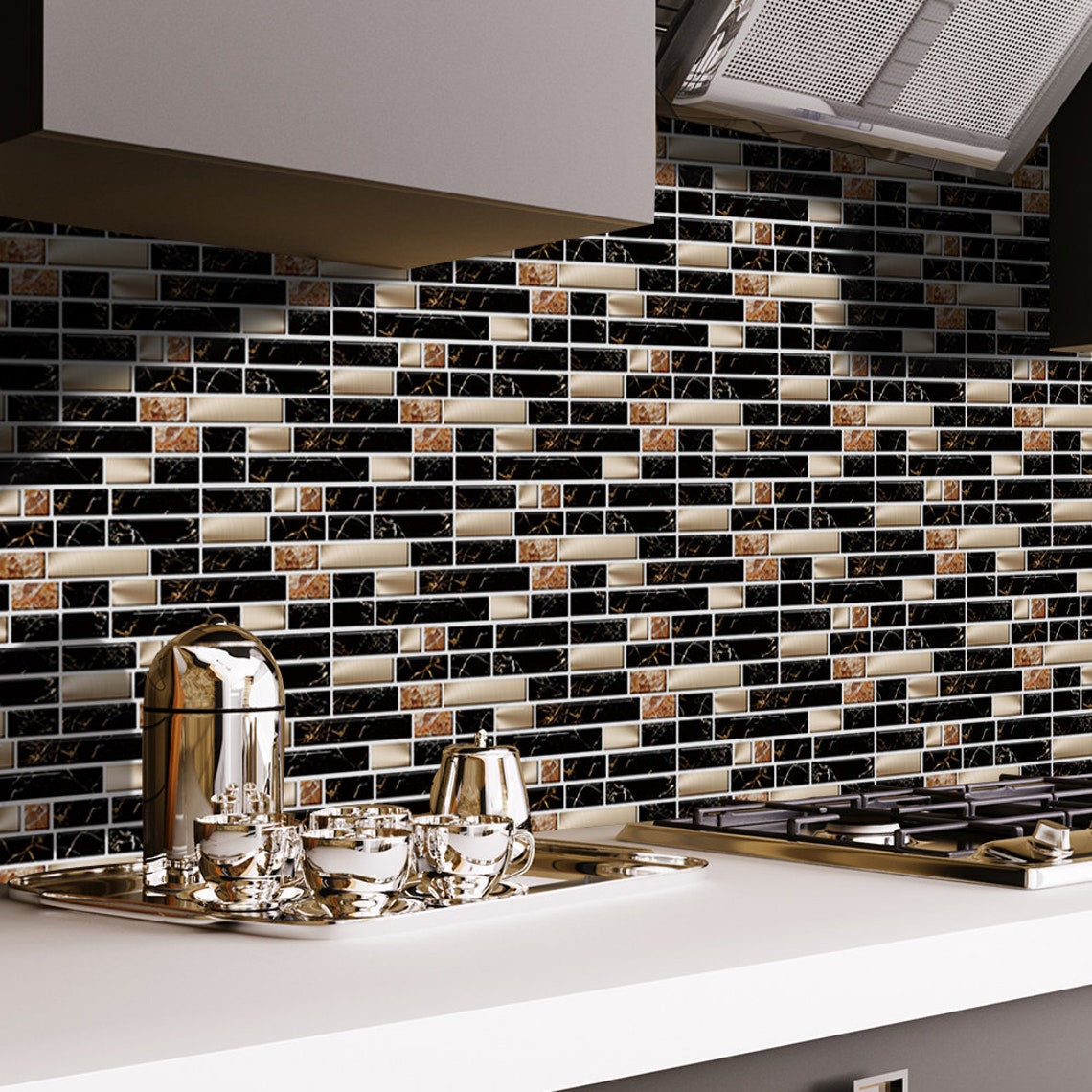 Peel and Stick Backsplash Tile Decals Black and Gold Marble Etsy
