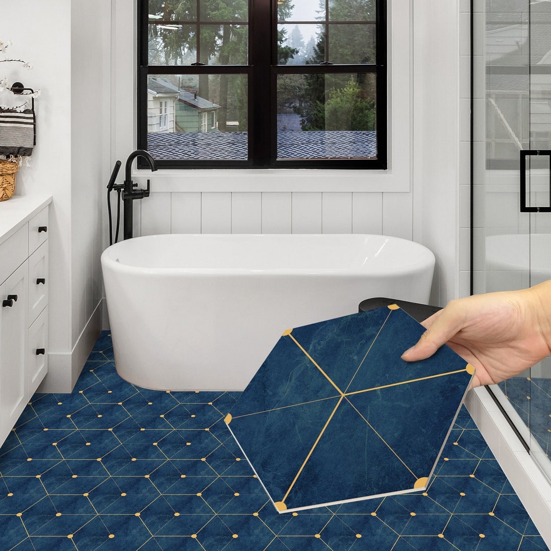 Floor Tile Sticker, Peel and Stick Hexagonal Flooring Decal, Gold