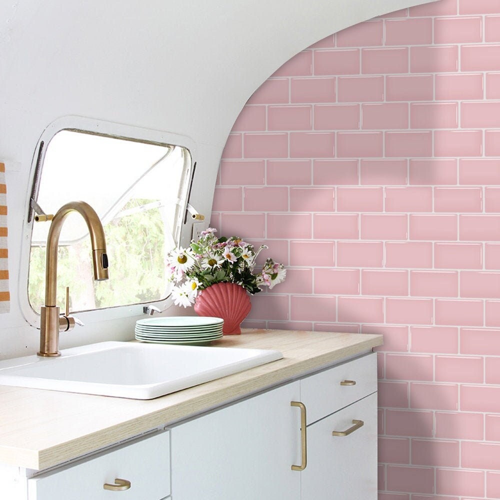 pink peel and stick tile backsplash
