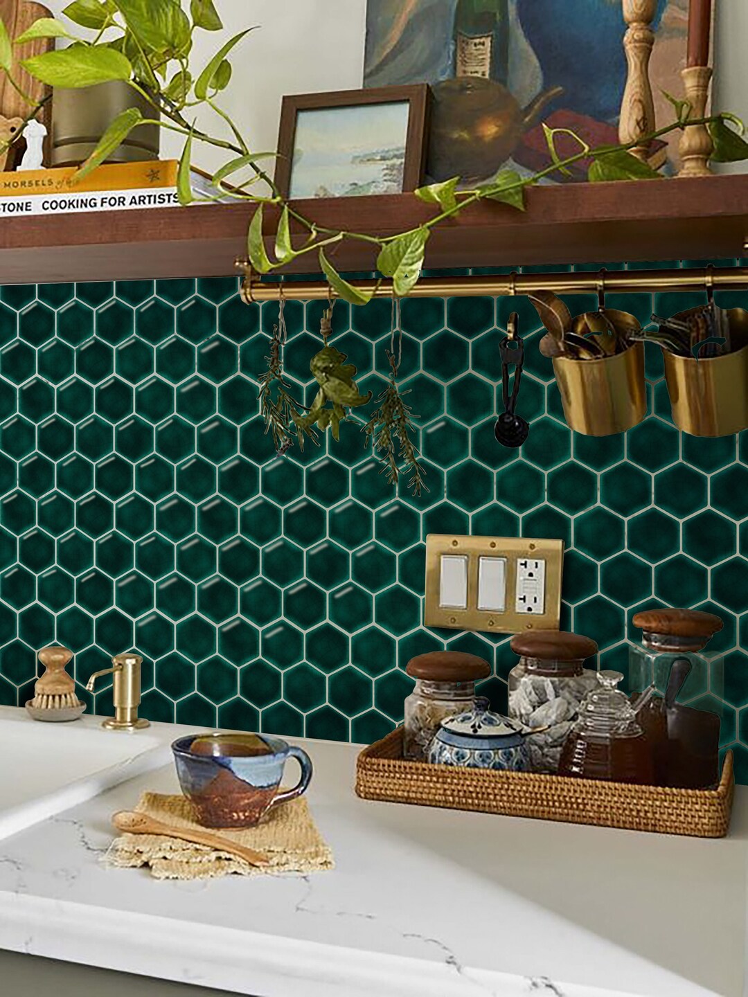 Peel & Stick Backsplash Tile Decals, Emerald Hexagon Wall Tiles, Self