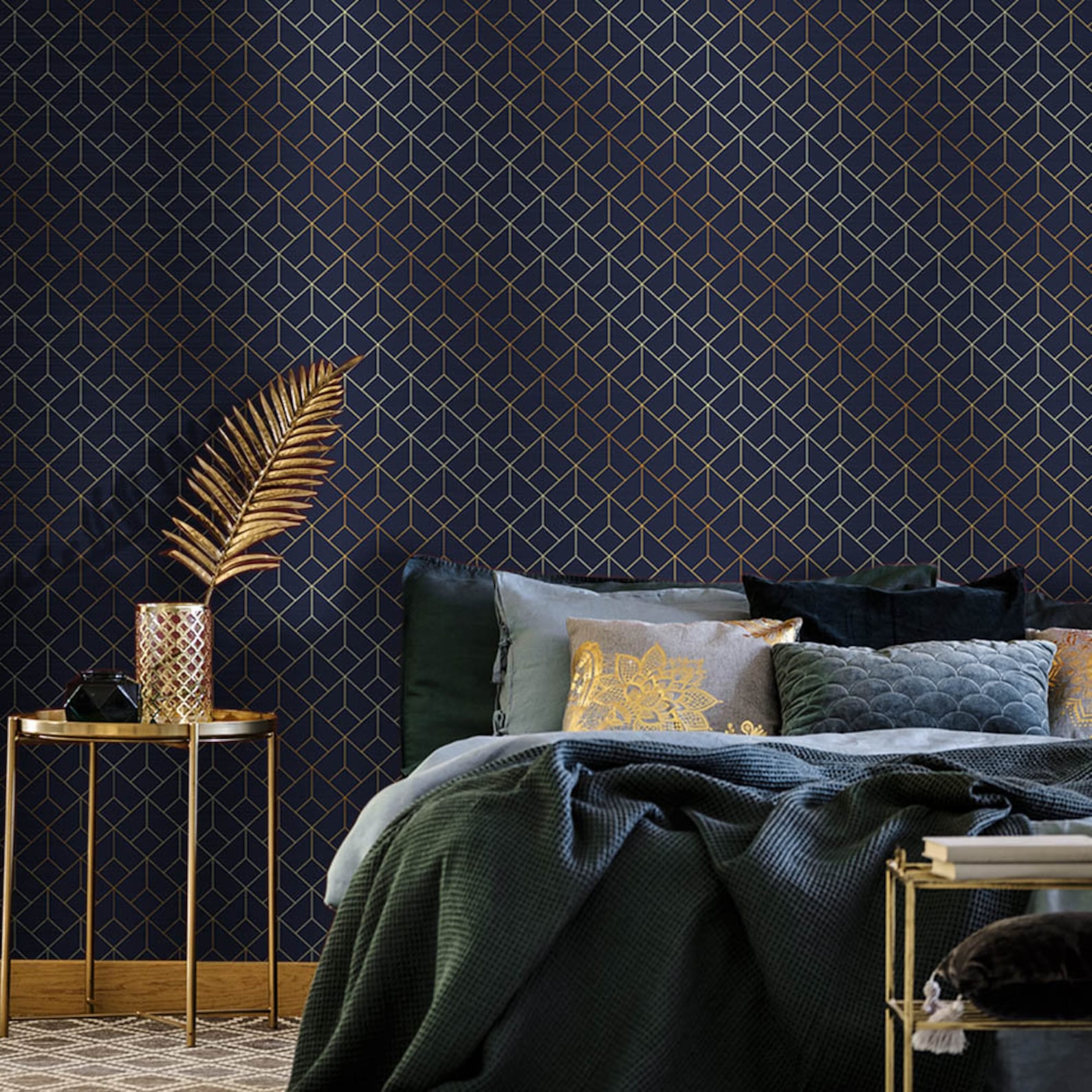 Peel and Stick Metal Geometric Wallpaper Dark Blue & Gold Etsy