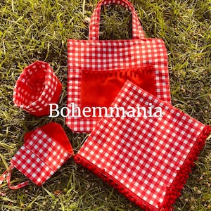 Red Gingham Picnic Set: Handmade Cotton Tote, Wine Pouch & Tablecloth