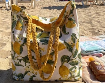 Lemon Print Cotton Tote Bag: Handmade Boho Beach Shopper Set