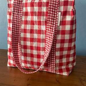 Handgemachte Vichy-Karo-Einkaufstasche | Rot Karierte Baumwolltasche | Vintage Picknick-Shopper | Sommer Farmers Markttasche | Boho Eco freundliche Tasche