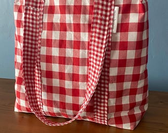 Bolso tote de cuadros vichy hecho a mano: Shopper vintage de algodón a cuadros rojos