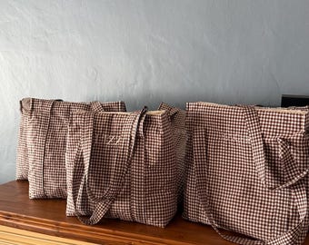 Bolso tote de tela vichy marrón – Algodón con monograma bordado personalizado – Regalo ideal para otoño